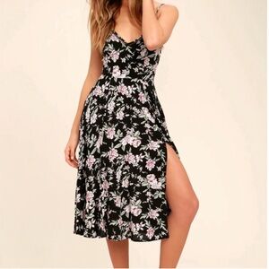 Lulus Womens Esperanza Black Floral Midi Dress, Size Small NWT